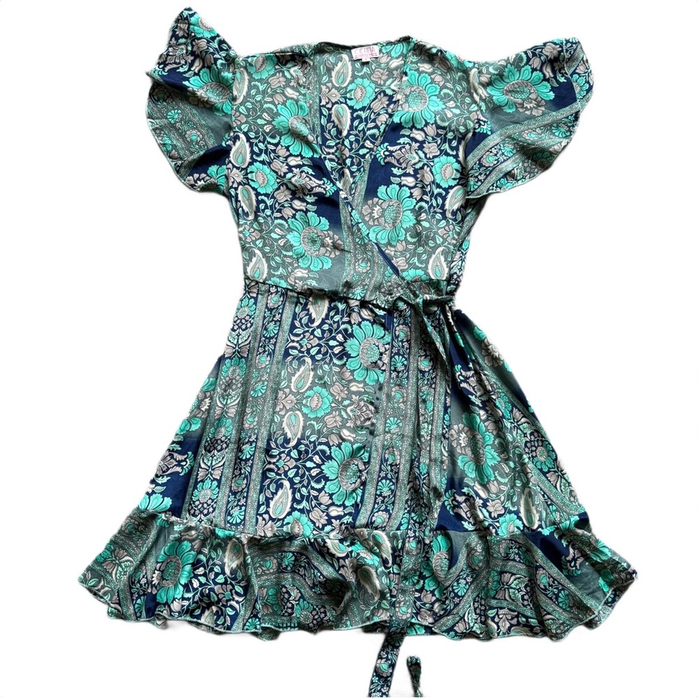 Cienna Wrap Dress with Ruffle Hem and Floral Foliage Design, Size Small